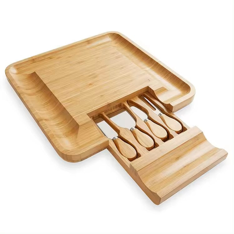 Tabla Para Quesos De Madera Bambú + Accesorios
